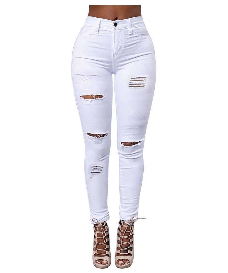 Skirt BL Women's High Waisted Stretch Ripped Skinny Jeans Juniors Destroyed Butt Lifting Denim Pants (White, US 14) - Image 1
